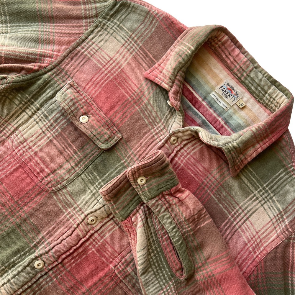 Faherty Flannel Shirt Mens L Plaid Cotton Long Sleeve Pink Green Tan Multicolor